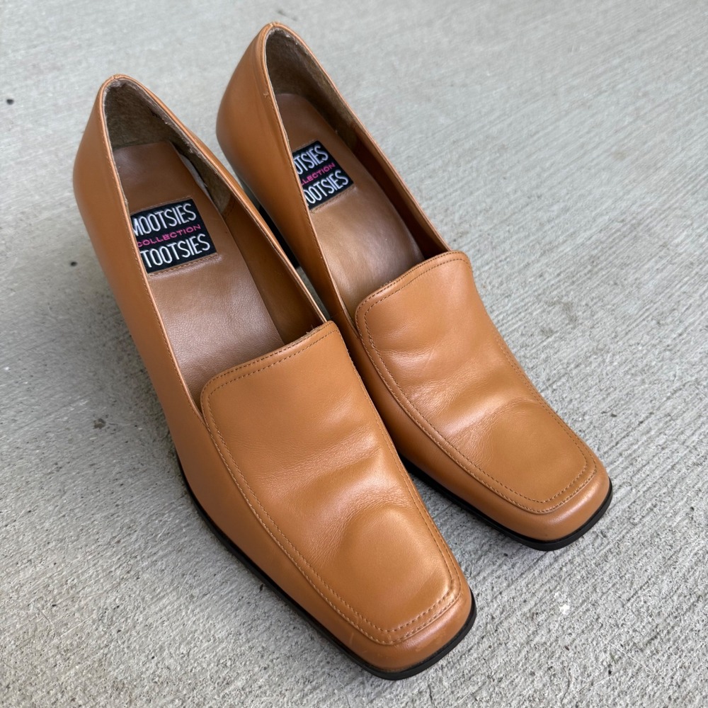 Mootsies Tootsies Leather Square Toe Heels Camel Slip On Pumps Women's 9M